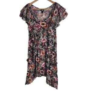 H&M Black Floral Asymmetrical Ruffle Dress with Pink & Brown Blooms size M